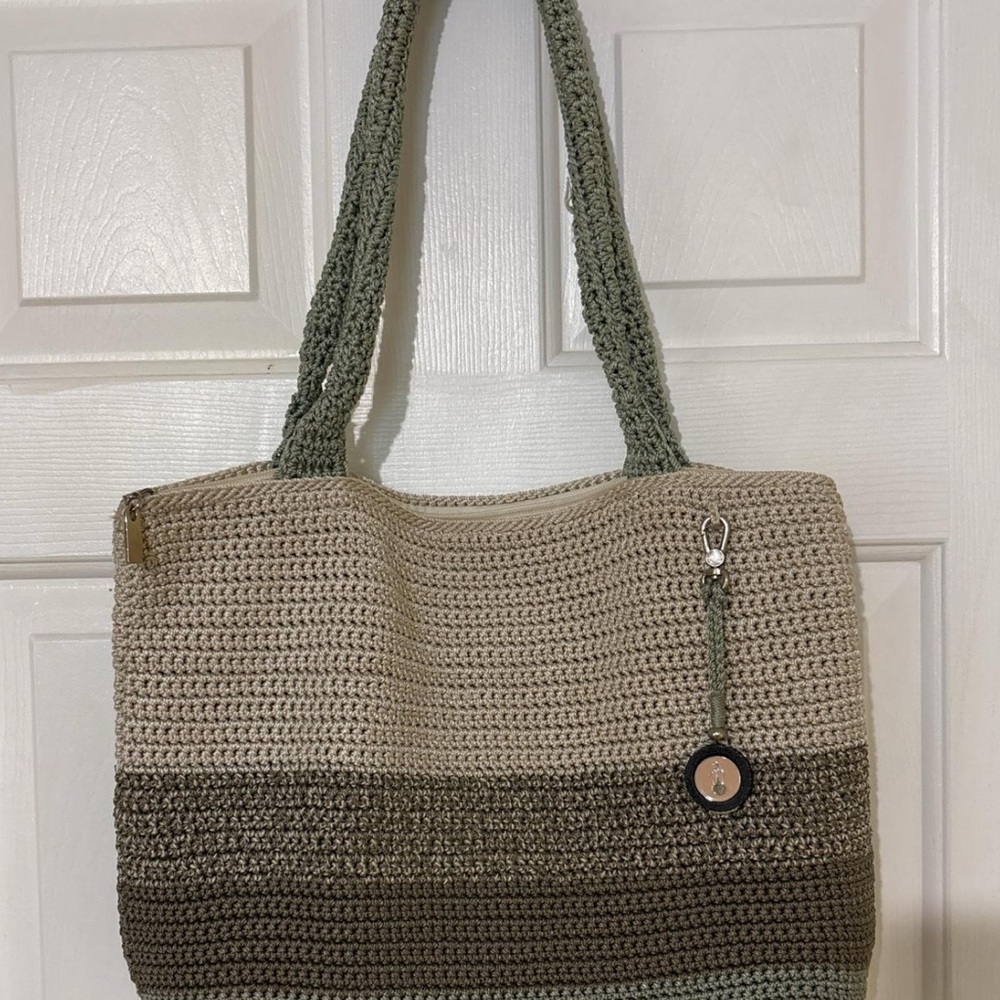 The Sak Cream and Green Crochet Tote Bag